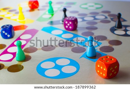 Fun board game with color pawns slot and dice for several people ...