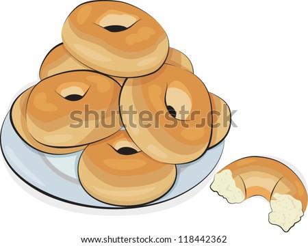 plate of hand drawn bagels isolated on white - stock vector