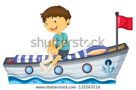 Illustration of a boy sitting in the boat fixing his sock on a white ...