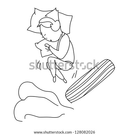 cartoon hand drawing girl curl up on the bed - stock vector