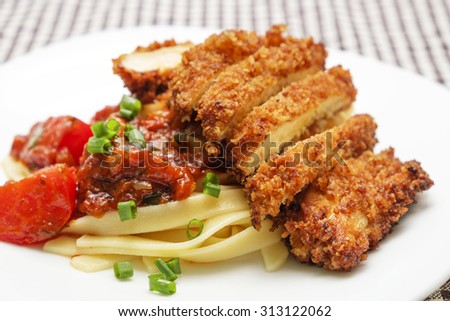 tomato mushroom Fettuccine sauce mushroom, with chicken breaded pasta sauce and breast chicken with with fried tomato mushroom Fettuccine sauce mushroom, with chicken breaded pasta sauce and breast chicken with with fried