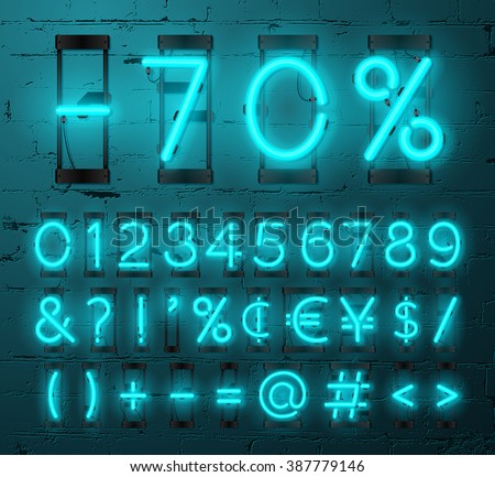 Neon Light Alphabet Vector Font. Numbers and punctuation marks. Neon tube letters on Brick wall background - stock vector Neon Light Alphabet Vector Font. Numbers and punctuation marks. Neon tube letters on Brick wall background - stock vector