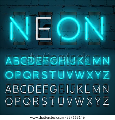 Neon Light Alphabet Vector Font. Glowing text effect. On and Off lamp. Neon tube letters on Brick wall background. isolated on blue background Neon Light Alphabet Vector Font. Glowing text effect. On and Off lamp. Neon tube letters on Brick wall background. isolated on blue background