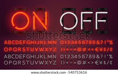 Big neon set glowing alphabet, vector Font. Glowing text effect. On and Off lamp. Neon Numbers and punctuation marks. isolated on red background. Big neon set glowing alphabet, vector Font. Glowing text effect. On and Off lamp. Neon Numbers and punctuation marks. isolated on red background.