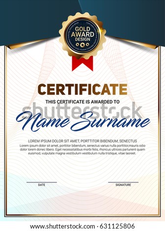 Vector certificate or diploma template with luxury line pattern and gold award emblem, Vector illustration Vector certificate or diploma template with luxury line pattern and gold award emblem, Vector illustration