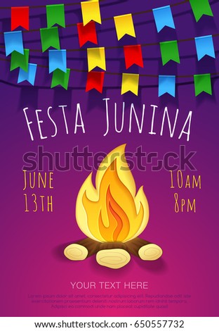 Festa junina poster with traditional paper bonfire and colorful flags. Latin American holiday. Brazil Festival. Vector banner Festa junina poster with traditional paper bonfire and colorful flags. Latin American holiday. Brazil Festival. Vector banner