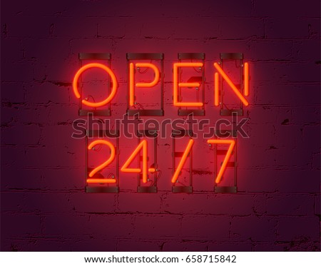 Neon Open 24/7 sign on brick wall background. Realistic glowing neon inscription. Open 24 Hours. Vector Neon Open 24/7 sign on brick wall background. Realistic glowing neon inscription. Open 24 Hours. Vector