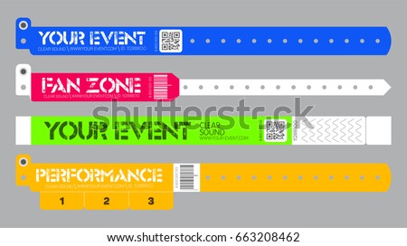 Set of bracelets for entrance to the event. Live performance entrance vector bracelets templates. Dance, Music or Concerts. entrance to fan zone Set of bracelets for entrance to the event. Live performance entrance vector bracelets templates. Dance, Music or Concerts. entrance to fan zone