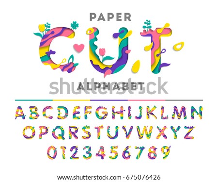 Colorful alphabet with abstract paper cut shapes or liquid paint. Paper cut style. Art carving font with flowers and leaf. Vector illustration. Colorful alphabet with abstract paper cut shapes or liquid paint. Paper cut style. Art carving font with flowers and leaf. Vector illustration.