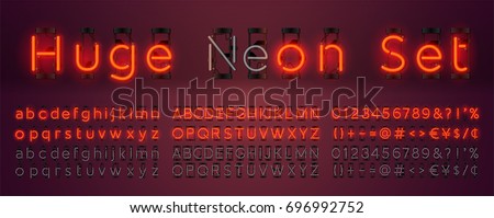 Mega huge neon set glowing alphabet with upper and lowercase letters, vector Font. Glowing text effect. On and Off lamp. Neon Numbers and punctuation marks. isolated on red background. Mega huge neon set glowing alphabet with upper and lowercase letters, vector Font. Glowing text effect. On and Off lamp. Neon Numbers and punctuation marks. isolated on red background.