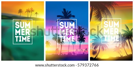 Summer tropical backgrounds set with palms, sky and sunset. Summer placard poster flyer invitation card. Summertime. Summer tropical backgrounds set with palms, sky and sunset. Summer placard poster flyer invitation card. Summertime.