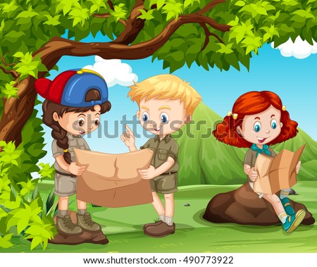 Vector Cartoon Happy Couple Hiking Forest Stock Vector 94030354 