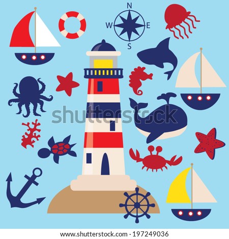the open boat lighthouse symbol nautical design elements anchor starfish wheel stock the open boat lighthouse symbol nautical design elements anchor starfish wheel stock