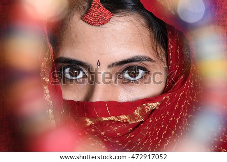 stock photo portrait of traditional indian woman in sari costume covered her head with veil rajasthan female 472917052