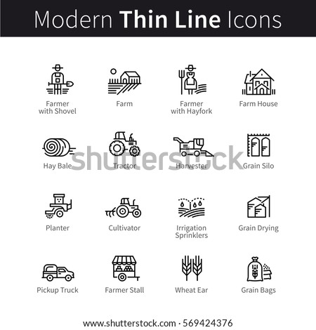 Farming and agriculture life concept. Harvester trucks, tractors, farmers and village farm buildings. Thin black line art icons. Linear style illustrations isolated on white. Farming and agriculture life concept. Harvester trucks, tractors, farmers and village farm buildings. Thin black line art icons. Linear style illustrations isolated on white.