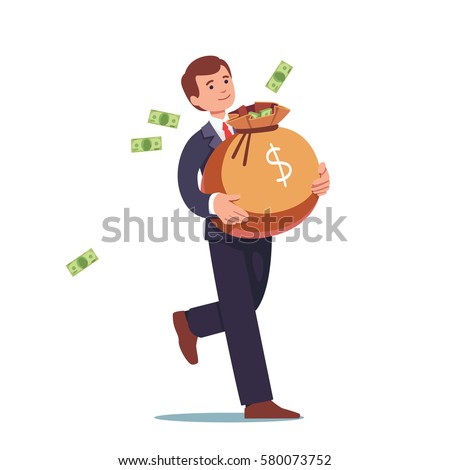 Smiling businessman walking & carrying big heavy sack full of cash money. Green banknotes flying out of bag with dollar sign on it. Flat style modern vector illustration isolated on white background. Smiling businessman walking & carrying big heavy sack full of cash money. Green banknotes flying out of bag with dollar sign on it. Flat style modern vector illustration isolated on white background.