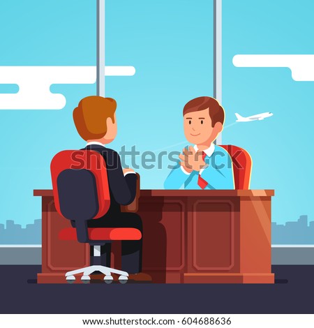 New employee & boss meeting. Executive manager sitting at desk holding hands in raised steeple gesture. Job interview CEO or HR officer and candidate. Flat style modern vector isolated illustration. New employee & boss meeting. Executive manager sitting at desk holding hands in raised steeple gesture. Job interview CEO or HR officer and candidate. Flat style modern vector isolated illustration.