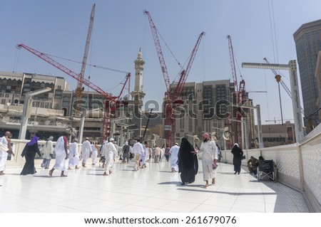 MECCA, SAUDI ARABIA - MAR 10 : Muslims tawaf from upper mataf at Haram Mosque March 10, 2015 in Makkah. The mosque expansion scheduled to complete in 2 years to accommodate more pilgrims.
 - stock photo