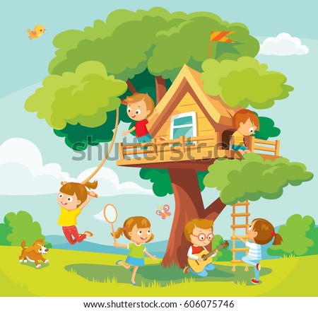 Illustration with summer background, children playing and tree-house Illustration with summer background, children playing and tree-house
