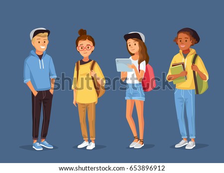 Young people with gadgets, backpacks and books. University students. Young people with gadgets, backpacks and books. University students.