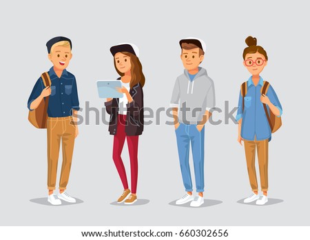 Young people with gadgets and backpacks. University students. Young people with gadgets and backpacks. University students.