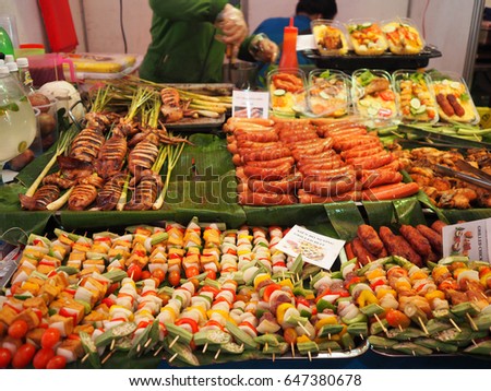 Ho Chi Minh City, Vietnam - 6 May 2017: barbecue, Bar-B-Q,Barbeque Street Food Ho Chi Minh ,market and Pork BBQ Skewers.