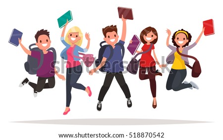 Happy group of students are jumping on a white background. Cheerful young people with backpacks and books. Vector illustration in a flat style Happy group of students are jumping on a white background. Cheerful young people with backpacks and books. Vector illustration in a flat style