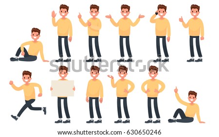 Set of a guy in casual clothes in different poses. A character for your project. Vector illustration in a flat style Set of a guy in casual clothes in different poses. A character for your project. Vector illustration in a flat style