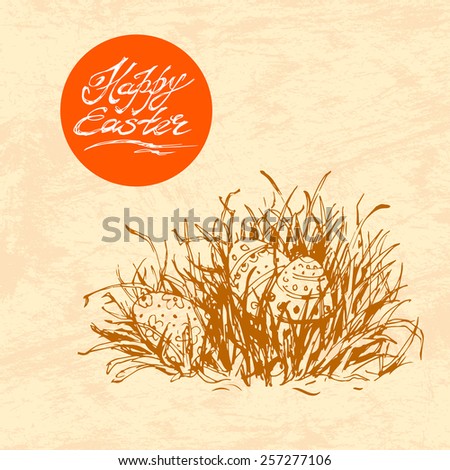 eggs laying in grass. Vector vintage line art illustration on texture ...