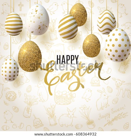 Happy Easter background with realistic golden decorated eggs and cute doodles. Greeting card trendy design. Invitation template Vector illustration for you poster or flyer. Happy Easter background with realistic golden decorated eggs and cute doodles. Greeting card trendy design. Invitation template Vector illustration for you poster or flyer.