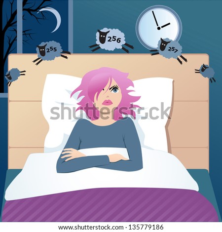 Cute funny cartoon girl with insomnia lying in a bed late at night ...