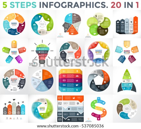 Vector circle infographic set. Business diagrams, arrows graphs, startup logo presentations and idea charts. Data options with 5 parts. Light bulb, brain education, star, dollar, pentagon, ecology. Vector circle infographic set. Business diagrams, arrows graphs, startup logo presentations and idea charts. Data options with 5 parts. Light bulb, brain education, star, dollar, pentagon, ecology.
