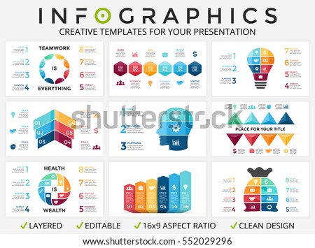 9 infographics. Timeline chart, circle diagram, presentation slide, arrows graph. Human brain, medicine plus sign, light bulb idea, money bag, teamwork infographic. 3, 6, 7, 8 steps, options, parts. 9 infographics. Timeline chart, circle diagram, presentation slide, arrows graph. Human brain, medicine plus sign, light bulb idea, money bag, teamwork infographic. 3, 6, 7, 8 steps, options, parts.