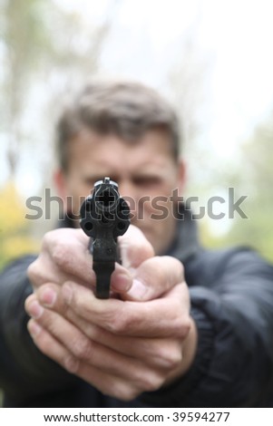 Shoots From Pistol Selective Focus On Pistol Barrel Pointing Gun Stock Photo 41662813