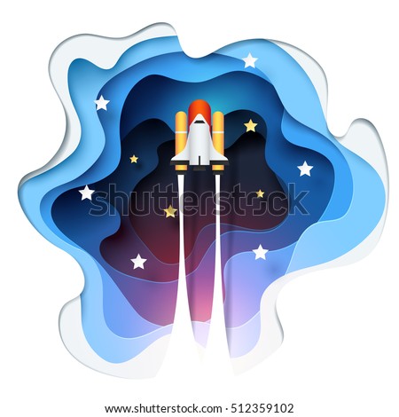 Abstract of paper spaceship launch to space, paper art concept and exploration idea, vector art and illustration. Abstract of paper spaceship launch to space, paper art concept and exploration idea, vector art and illustration.