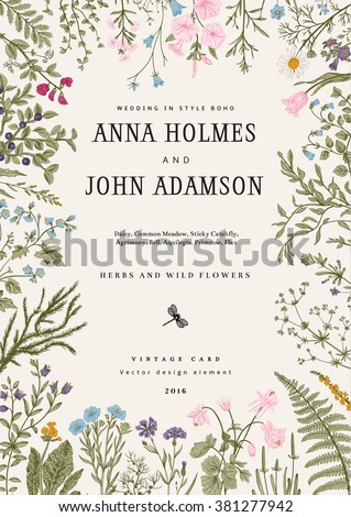 The frame of herbs and wild flowers. Wedding invitation in the style of boho. Vector vintage illustration. Colorful - stock vector The frame of herbs and wild flowers. Wedding invitation in the style of boho. Vector vintage illustration. Colorful - stock vector