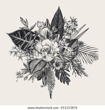 Bouquet of exotic flowers. Vintage vector illustration. Black and white - stock vector Bouquet of exotic flowers. Vintage vector illustration. Black and white - stock vector