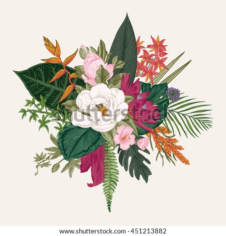 Bouquet of exotic flowers. Vintage vector illustration. Colorful - stock vector Bouquet of exotic flowers. Vintage vector illustration. Colorful - stock vector