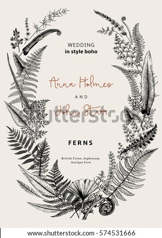 The wreath of ferns leaves. Wedding invitation in the style of boho. Vector botanical vintage illustration. Black and white The wreath of ferns leaves. Wedding invitation in the style of boho. Vector botanical vintage illustration. Black and white