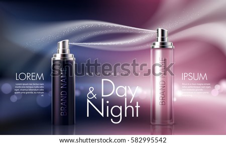 Vector 3D illustration for the promotion of moisturizing and nourishing cosmetic premium product. Matt black and pink bottles with night and day cosmetic on background with glowing elements Vector 3D illustration for the promotion of moisturizing and nourishing cosmetic premium product. Matt black and pink bottles with night and day cosmetic on background with glowing elements