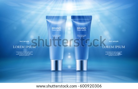 Vector 3D illustration poster with moisturizing cosmetic premium products, blue background with beautiful tubes and beams of light Vector 3D illustration poster with moisturizing cosmetic premium products, blue background with beautiful tubes and beams of light