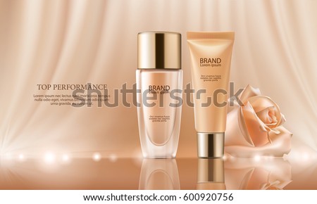 Vector 3D cosmetic illustration for the promotion of foundation premium product. Colorstay make-up in glass bottle and tube on a soft beige background with a rose Vector 3D cosmetic illustration for the promotion of foundation premium product. Colorstay make-up in glass bottle and tube on a soft beige background with a rose