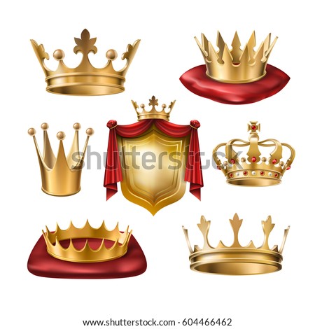 Set of vector icons of royal golden crowns and coat of arms isolated on white. Collection of crown awards for winners of competitions, design elements for a label, certificate, diploma Set of vector icons of royal golden crowns and coat of arms isolated on white. Collection of crown awards for winners of competitions, design elements for a label, certificate, diploma