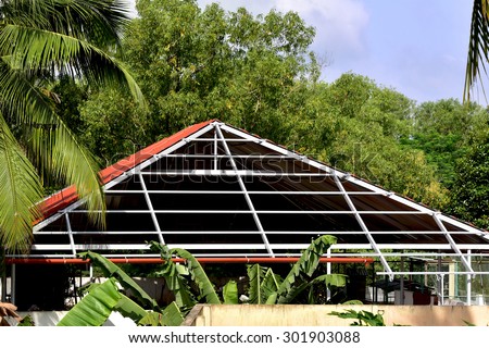 construction aluminium roof on terrace house stock photo