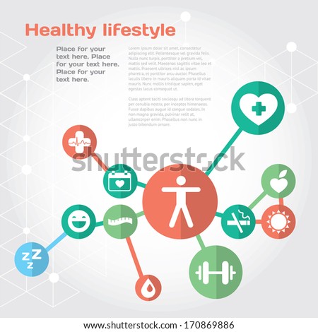 Healthy lifestyle background with flat icon set and place for text ...