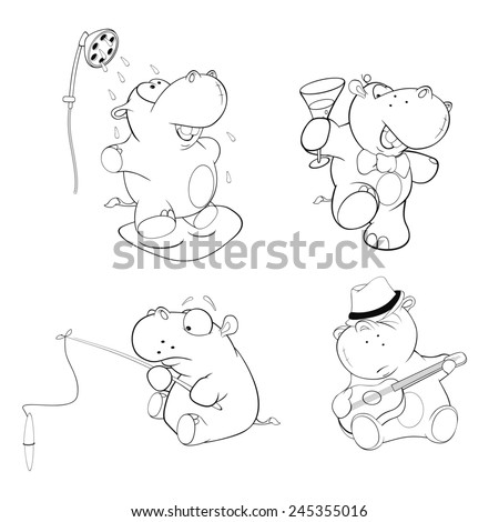 A set of hippos. Coloring book - stock vector