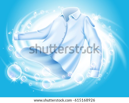 white shirt washed and spun in water, with soap bubble elements, isolated blue background 3d illustration white shirt washed and spun in water, with soap bubble elements, isolated blue background 3d illustration