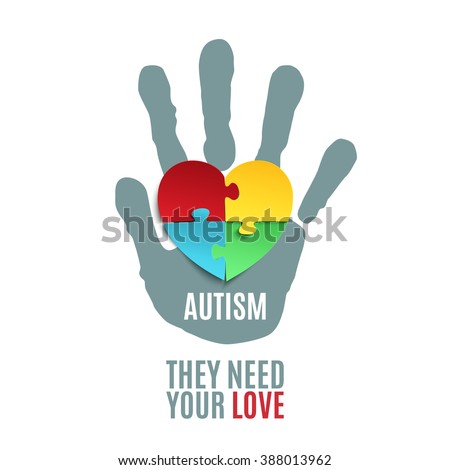 They need your love. Autism awareness poster or brochure template. Jigsaw puzzle pieces in form of heart with child's hand print, isolated on white background. Vector illustration. - stock vector
