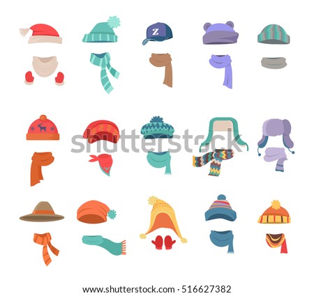 Set of hats and scarves for boys and girls in cold weather. Stylish hats and scarves. Clothes for winter and autumn. Blue, red, brown, violet, brown and orange hats and scarfs. Vector illustration. Set of hats and scarves for boys and girls in cold weather. Stylish hats and scarves. Clothes for winter and autumn. Blue, red, brown, violet, brown and orange hats and scarfs. Vector illustration.