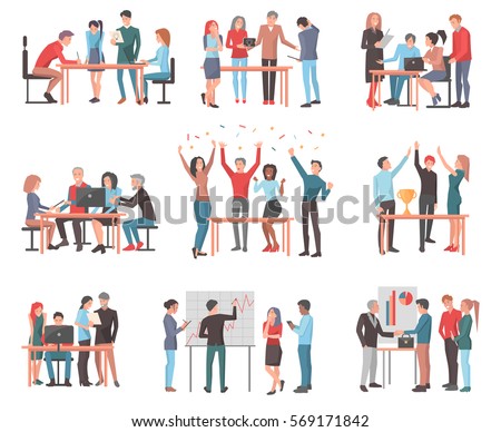 Vector set of team of workers in process of creating something, discussing idea with chief, celebrating and winning price, working with laptop, drawing scheme and presenting work in cartoon style Vector set of team of workers in process of creating something, discussing idea with chief, celebrating and winning price, working with laptop, drawing scheme and presenting work in cartoon style